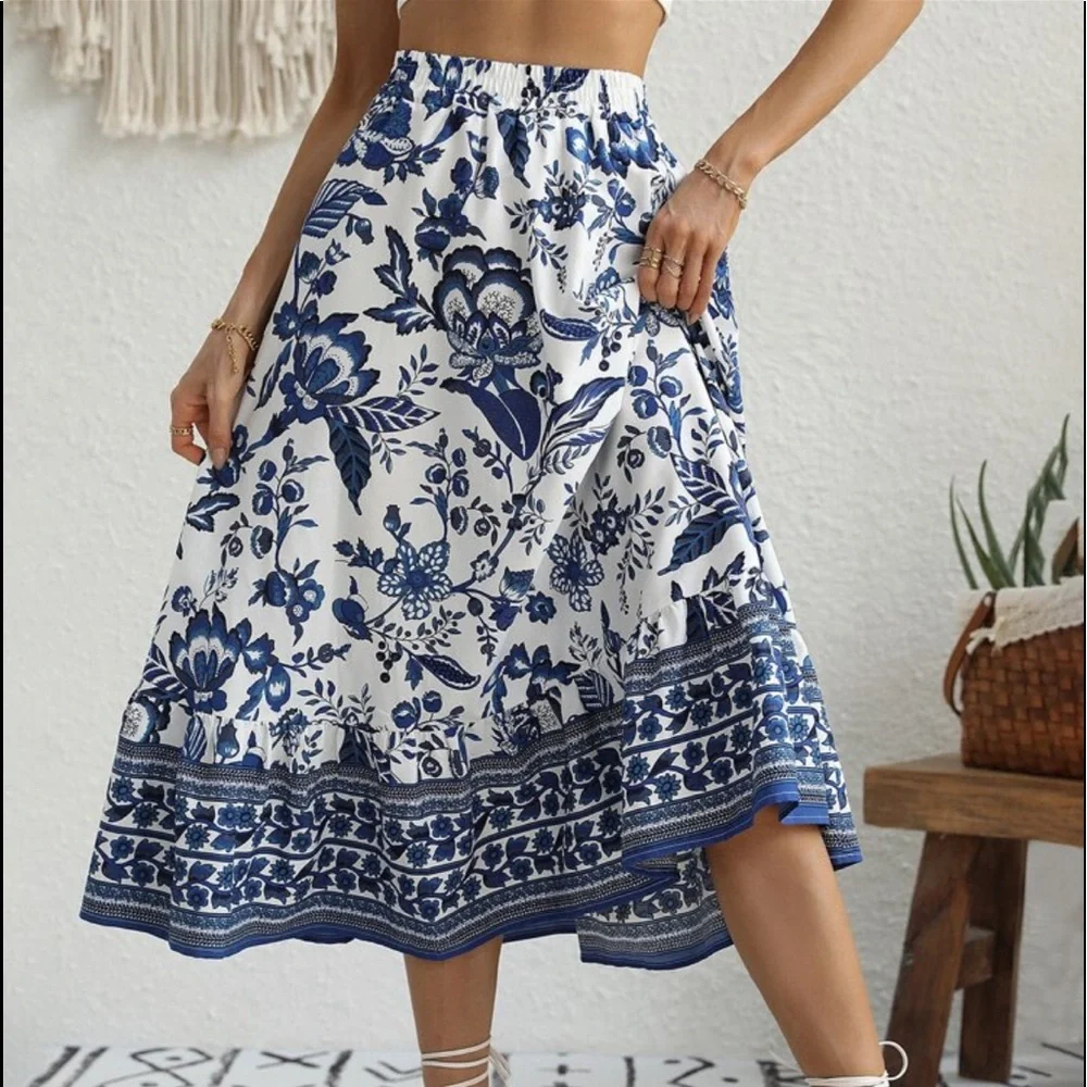 Boho Floral Print High Waist Maxi Skirt White Blue Cottagecore - Picture 4 of 6